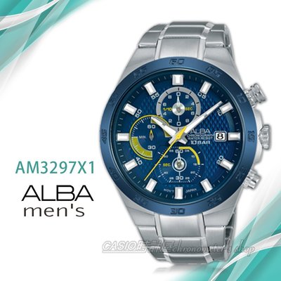 CASIO時計屋 ALBA 雅柏手錶 AM3297X1 三眼計時男錶 不鏽鋼錶帶 藍+黃 防水100米 分段時間 日期顯