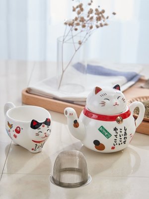 熱銷 茶壺可愛招財貓茶具陶瓷套裝壺杯帶濾網日式卡通一壺兩杯花茶壺杯