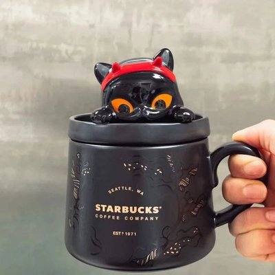 【風口潮流】Starbucks 星巴克萬聖節可愛黑色貓咪小惡魔精靈馬克杯＊385ml。X21101