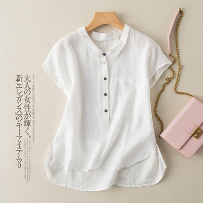 純棉襯衫女 2024夏季新款 純色 洋氣 短袖T恤 女 寬鬆 大尺碼 上衣 襯衫