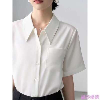 白色法式短袖尖領襯衫女 夏新款復古高級感職業襯衫-靚莎優選