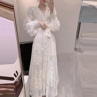洋裝連身裙2023春秋季白色連衣裙禦姐女神範氣質高級感減齡重工刺繡名媛長裙
