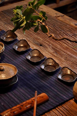 日本一打出 手作 老銅 捶紋 茶托 五客