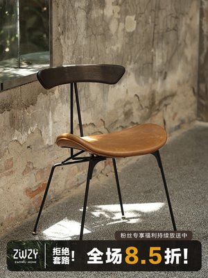 倉庫現貨出貨美式工業LOFT真皮PU橡木咖啡廳小眾英國表情復古Vintage鐵藝餐椅
