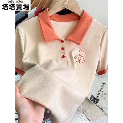 短袖女夏季2023年新款撞色刺繡t恤時尚洋氣時髦別致polo領上衣潮-塔塔賣場