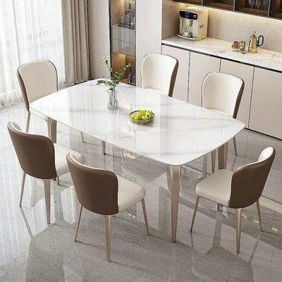 意式輕奢亮光巖板餐桌椅組合大小戶型現代簡約租房客廳長方形飯桌