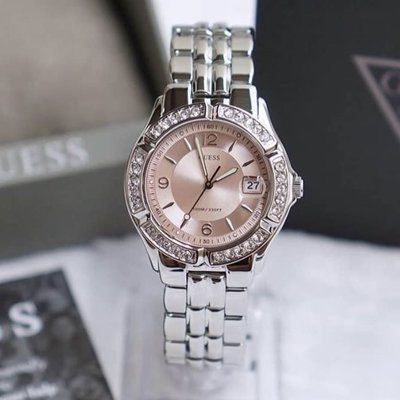 GUESS 粉色錶盤 銀色不鏽鋼錶帶 石英 女士手錶 W75791M
