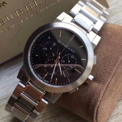 BURBERRY手錶BU9351英倫經典格紋不銹鋼錶帶三眼計時腕錶/男錶/現貨