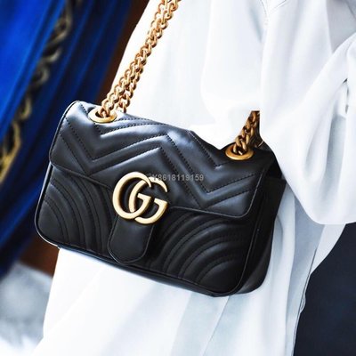 【二手】Gucci古馳女包Mini Marmont22 厘米 黑色單肩包女斜挎包女鏈條包