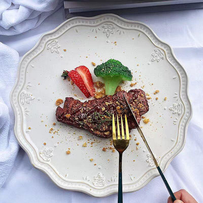 歐式浮雕西餐盤復古大盤子菜盤家用高級感點心牛排意面陶瓷盤微瑕