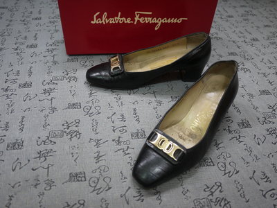 義大利製 Salvatore Ferragamo 真皮壓鱷魚紋粗跟鞋 USA 5.5 D EUR 35 JPN 22.5
