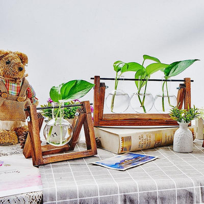 創意木架水培花瓶綠蘿植物玻璃花器客廳小容器辦公室桌面裝飾擺件