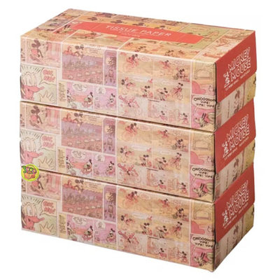 【JPGO】超取最多2組~日本製 CAINZ x Disney 米奇復古漫畫圖案 盒裝面紙 抽取式衛生紙~3盒組#198