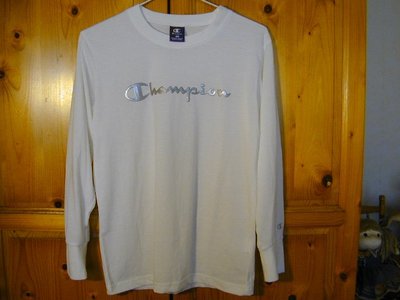 Champion 白色長袖T恤 銀色Logo 袖口刺繡 S-M 購於日本