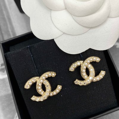 【翰貝格名牌館】全新真品 Chanel 金色 金屬 珍珠 方形 水鑽 拼接 雙C 針式 耳環 AB6674