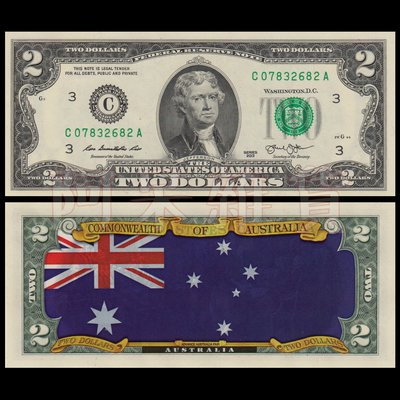 麥擱問阿 彩色版真鈔 滿版澳洲國旗 2美元 袋鼠 無尾熊 鴨嘴獸 雪梨歌劇院 美金美元 混合塑料 鈔票 美國 非現行流通