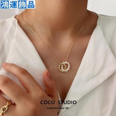 coco studio韓國復古淡水珍珠吊墜項鏈鎖骨鏈時尚森系頸鏈女生配件宮廷風--鴻運飾品