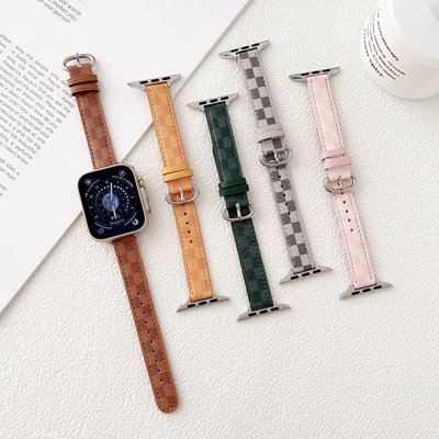 韓風細腰格子紋皮革錶帶 適用於 Apple Watch S8/Ultra/7/6/se2/4 蘋果智能手錶配件 女生錶帶