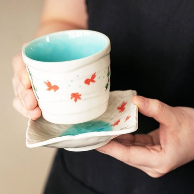 日本制美濃燒可愛金魚小茶杯點心茶碟日式豬口杯湯吞咖~特價#促銷 #現貨