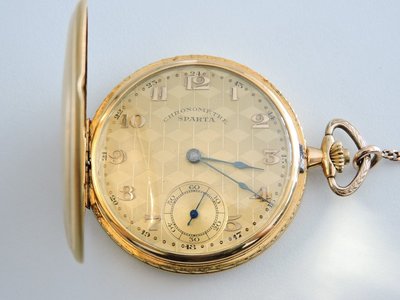 1920-30年代 正18K金 750 SPARTA  斯巴達 精雕刻紋幾何圖古董機械懷錶