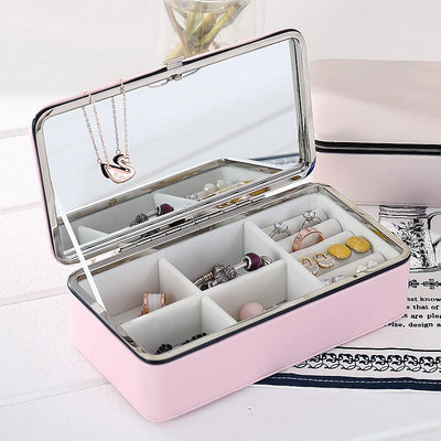 韓國皮革珠寶飾品收納盒帶化妝鏡便攜戒指耳釘飾品盒旅行收納首飾