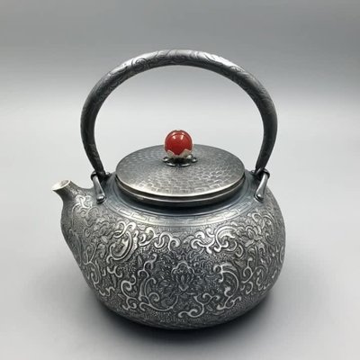 金小鋪 銀壺精品 瑪瑙鈕一體銀壺一張打純銀燒水壺純手工 純銀茶壺煮水壺 JE