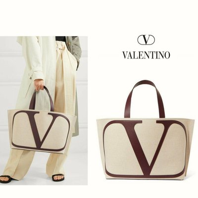 Valentino  ►皮質大V LOGO 帆布包（米白色×深酒紅色)    大托特包 手提包 肩背包 中性款｜100%全新正品