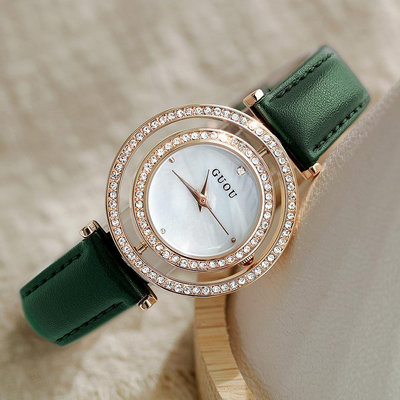 男士手錶 GUOU古歐女錶皮帶款旋轉鏤空錶盤手錶精美水鉆女士腕錶石英手錶女