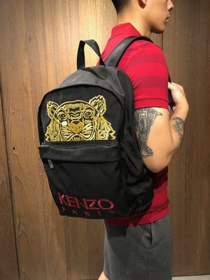 美國百分百【全新真品】Kenzo 後背包 肩背包 金虎 虎頭 包包 紅logo 書包 休閒 男 黑色 AJ52