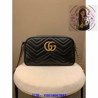 凱莉二手 Gucci Marmont 黑色 中款 24cm  金GG 拉鍊 斜側背 相機包 447632 現貨