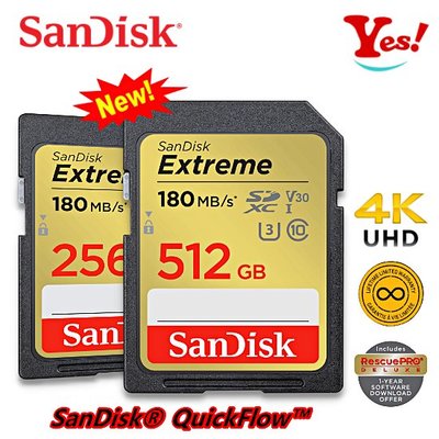 【Yes！公司貨】Sandisk Extreme SD 512GB 512G U3 V30 180MB/s 相機記憶卡