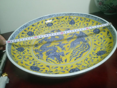 (二手)-黃釉青花龍鳳盤，宣德，收藏多年，看好拍售后不退。懂行人來， 古玩 擺件 老物件【靜心隨緣】2590
