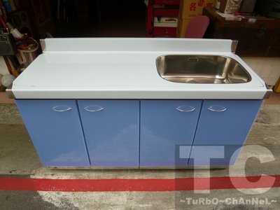 流理台【144公分洗台-右水槽】台面&amp;櫃體不鏽鋼 素面藍色門板 最新款流理臺
