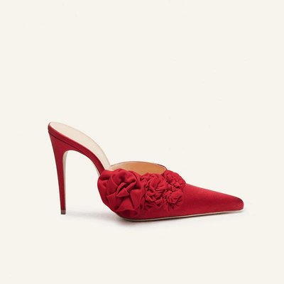 新款女鞋 小碼鞋女 跨境時裝單鞋歐洲站尖頭細跟紅色花朵婚宴高跟鞋women party shoe