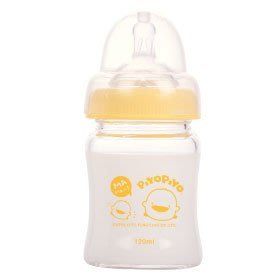 ✪最愛寶貝熊✪【830457】黃色小鴨寬口徑葫蘆型玻璃奶瓶120ml(M號奶嘴3月以上適用)