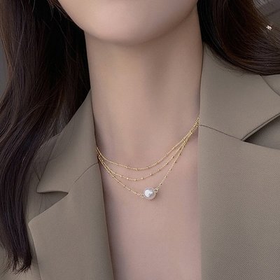 現貨熱銷-夏季超仙氣質多層疊戴鎖骨鍊單顆珍珠項鍊2021年新款小眾設計感