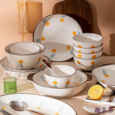 新款推薦 芊葉日式碗碟套裝家用碗盤碗具大號湯碗魚盤2022新款陶瓷餐具單個 可開發票