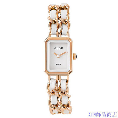 ALIN飾品商店熱銷 GUOU 女士手鍊手錶新款簡約小方形編織錶帶復古女士石英手錶