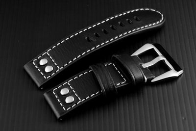 hamilton Steinhart 的新衣,banda軍錶飛行風格鉚釘~24mm ~直身黑色真皮錶帶 fit seik