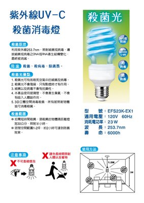 120v23w殺菌螺旋燈管 殺燈燈 消毒燈 UVC燈管 （附E27插頭燈座）