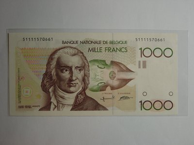 比利時(Beligium), 1000 Francs, 1980年, 全成新UNC, 稀少紙鈔!!