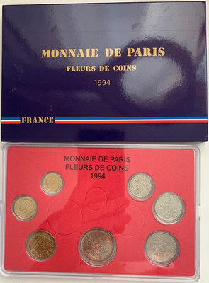 X 1994年法國法郎硬幣7枚一套 未流通品相帶原包裝 外國