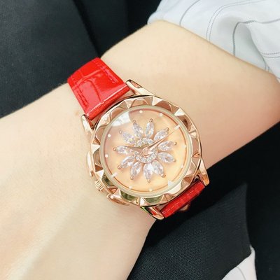 SEOUL流行同步💋閃耀晶鑽太陽花圓形錶真皮錶帶女用手錶 愛戴2號