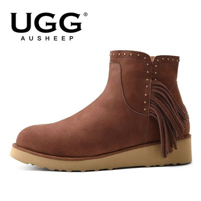 100％原廠 【福利款】AUSHEEP UGG坡跟雪地靴 冬季羊皮毛一體流蘇款女短靴