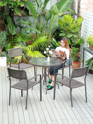 戶外簡約桌椅現代休閑塑料椅子鐵藝靠背餐桌椅咖啡~特價
