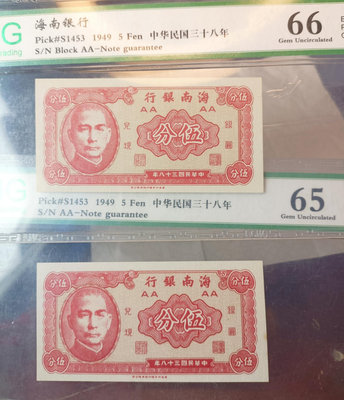 民國紙幣，海南銀行五分二張一起價，品相如圖，多單和郵