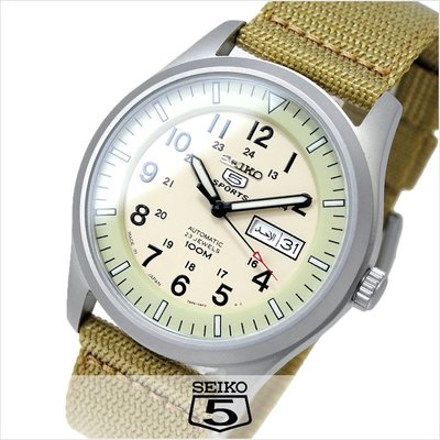 【金台鐘錶】SEIKO精工 5號 帆布機械錶 防水100米 -卡其色 (日本版) SNZG07J1