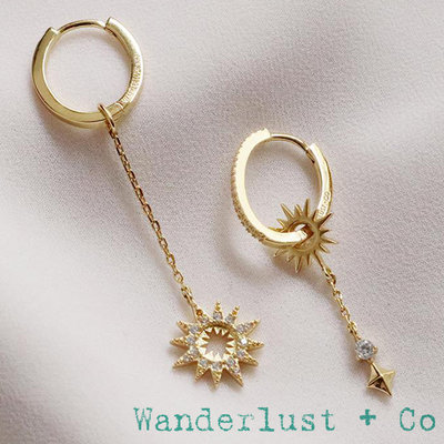 Wanderlust+Co 澳洲品牌 鑲鑽太陽垂墜式耳環X鑲鑽圓形耳環 2用金色耳環 Sunlit Drop