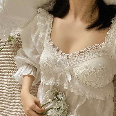 韓國性感純情睡衣睡裙宮廷風蕾絲甜美連身裙居家風吊帶裙長裙子白色 s-xl