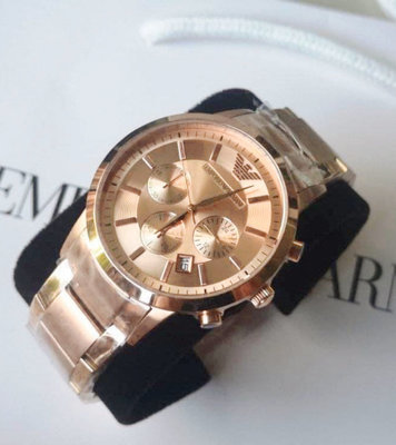 EMPORIO ARMANI 玫瑰金色錶盤 玫瑰金色不鏽鋼錶帶 石英 三眼計時 男士手錶 AR2452 亞曼尼腕錶